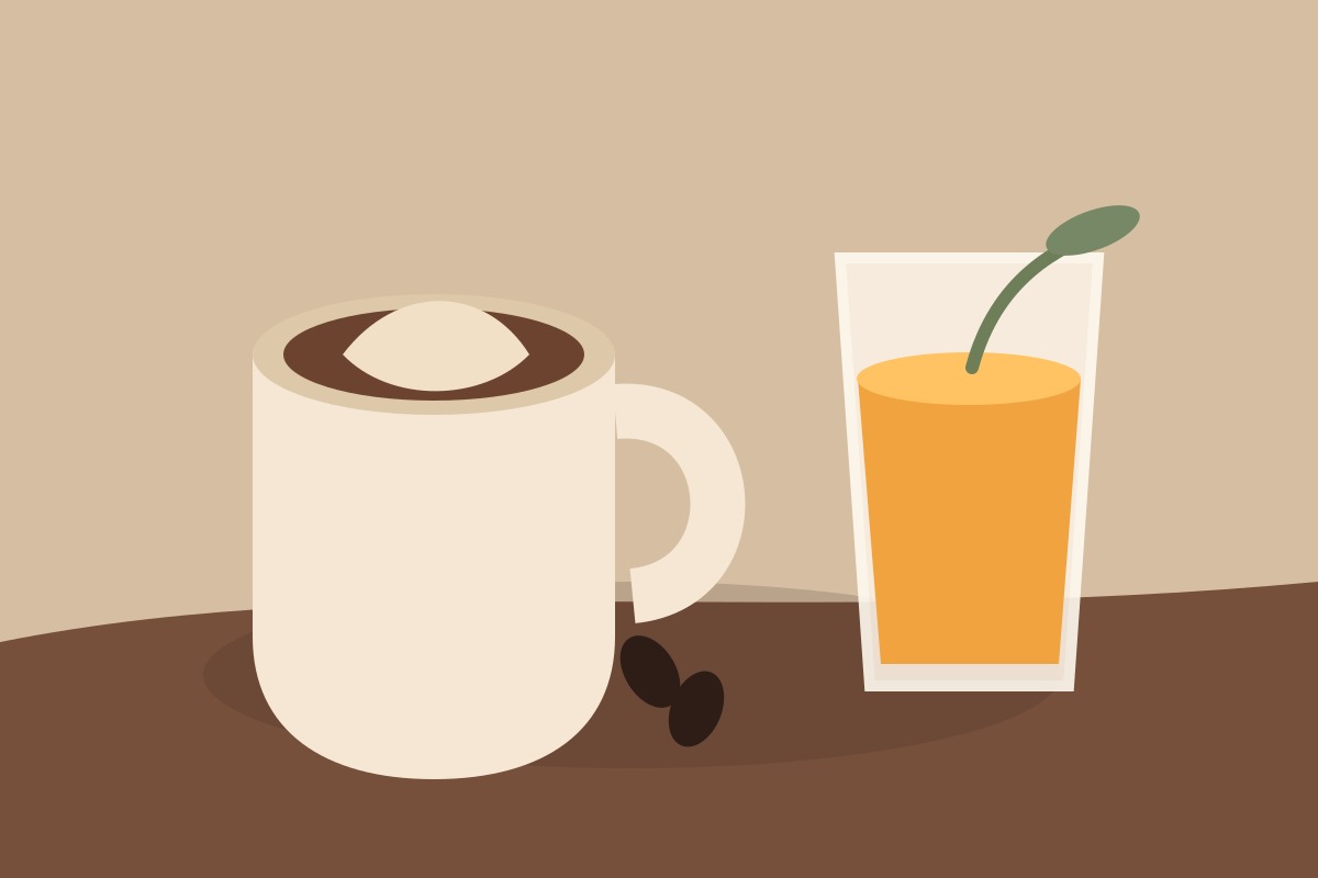 Cappuccino und frischer Orangensaft auf einem Cafétisch